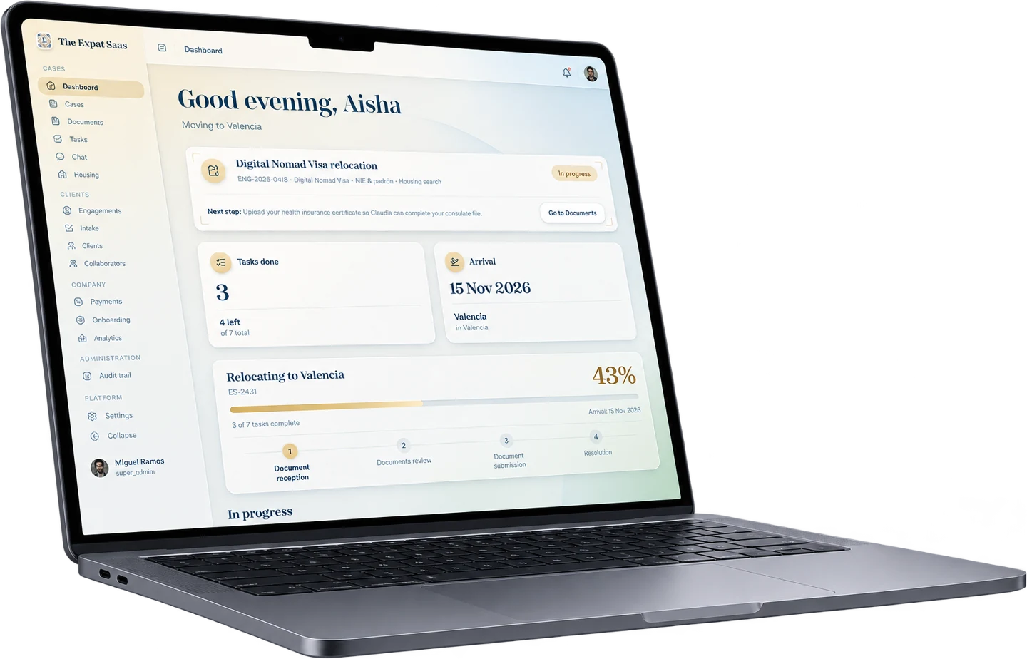 The Client Space on a laptop: the engagement and its next step, tasks done, arrival date and progress towards the move