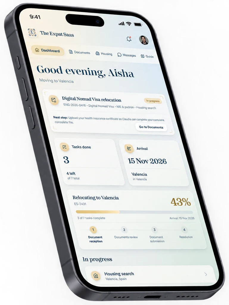 The Client Space dashboard on a phone: the engagement, its next step and progress towards the move